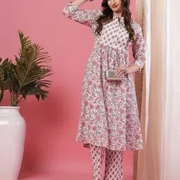globus Band Neck Floral Printed A-Line Kurta with Printed Trousers-picture-34