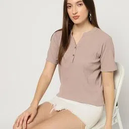 Women Striped Henley T-Shirt-image-2