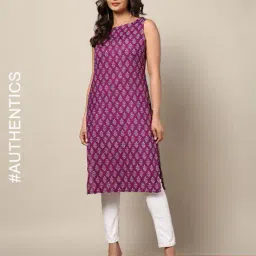 indie picks Handblock Print Cotton Sleeveless Kurta image 1