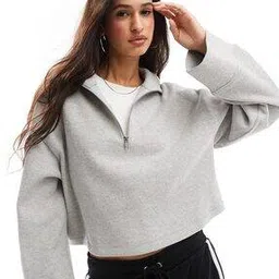 Super Soft Long Sleeve Boxy Fit Crop Pullover with Half-Zip Closure-image-70
