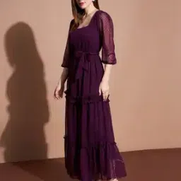 deewa Women Swiss Dot Tiered Dress with Belt-picture-19