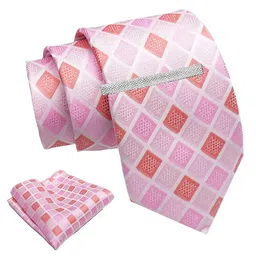 axlon Pink Geometric Checkered Tie For Men – Formal Ties Set With Pocket Square & Tie Pin Clip For Mens, Silk Neckties Gift Sets For Men’s (AXNW47) image 1