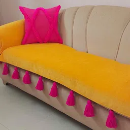 Marigold Festive Ocher Sofa Cover with Pink Tassels - Three-Seater Set: Non-Slip, Thick Fabric, Scratch Resistant - Stylish Home Decor Accessory for 3-Seater Sofas, Size: 65 x 170 cm -1 Piece image 1