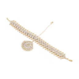 Zaveri Pearls  Gold-plated White Kundan Studded & Pearl Beaded Bridal Matha Patti image 5