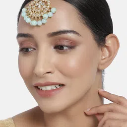 I Jewels Gold-Plated & Turquoise Blue Handcrafted Kundan & Faux Pearl Maang Tikka image 1