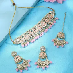 Yellow Chimes Gold-Plated Kundan-Studded Beaded Jewellery Set image 1