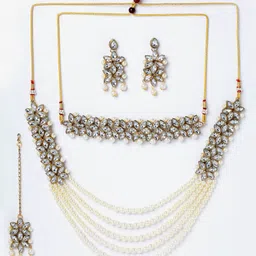 Aazeen Gold-Plated Kundan-Studded & Beaded Jewellery Set With Maang Tika-picture-25
