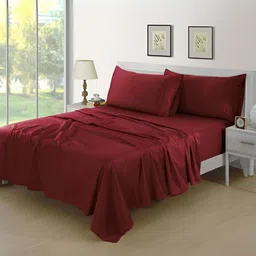 Aurave Maroon 400 TC Fitted King Bedsheet With 2 Pillow Covers-image-96