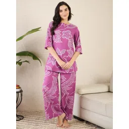 July Nightwear Women Mauve Cotton Floral Kurti with Pyjama image 1
