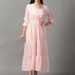 SHOWOFF Geometric Printed Shoulder Straps Tiered Chiffon Maxi Midi Dress With Jacket-picture-36