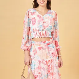 Honey by Pantaloons Tie & Dye Dyed V-Neck Puff Sleeve Smocked Crop Top-image-44