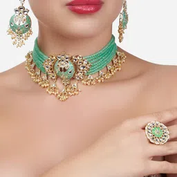 Zaveri Pearls Gold-Plated White & Green Kundan-Studded & Beaded Meenakari Jewellery Set-picture-52