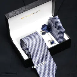 MUTAQINOTI Men Dotted Stripes Blue Silk Blend Necktie Accessory Gift Set-image-14