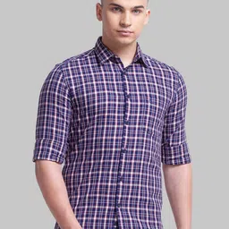 Parx Men Blue Pure Cotton Checked Roll Up Sleeves Spread Collar Casual Shirt-picture-36