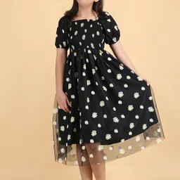 DEKLOOK Girls Floral Printed Square Neck Smocked Georgette Fit & Flare Midi Dress-image-37