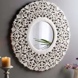 VAS collection home White Floral Patterned Wooden Wall Mirror image 1