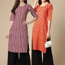 7threads KALINI Women Pack Of 2 Maroon & Orange Ethnic Motifs Printed Crepe Kurta-picture-24