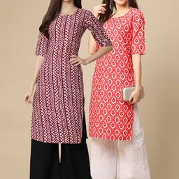7threads KALINI Women Pack of 2 Red & Orange Geometric Printed Crepe Kurta-picture-38