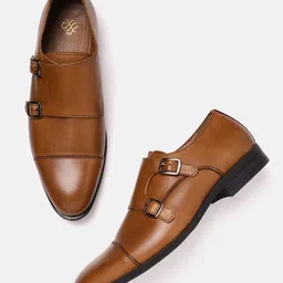House of Pataudi Men Tan Brown Handcrafted Leather Formal Monk Shoes-picture-26