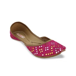 Fulkari Women Magenta& Gold-Toned Embellished Leather Mojaris-image-78