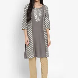 AURELIA - The Aure Collection Women Grey & Silver Ethnic Motifs Mughal Print Kurta with Trousers image 1