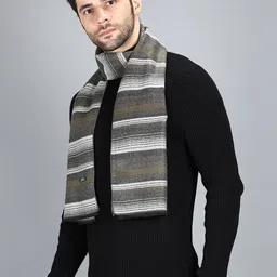 Alvaro Castagnino Men Olive Green & White Striped Merino Wool Muffler image 4