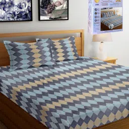 FABINALIV Multicolor Geometric Cotton Blend King Fitted Double Bedsheet with 2 Pillow Covers image 1