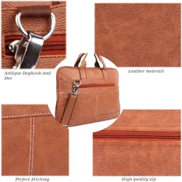 megrek M Professional 14 Inch Brown Leather Laptop Briefcase Messenger Bag, Business Office Shoulder Bag with Multiple Compartments, Adjustable Strap, Rectangular Shape image 2