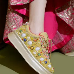 hvnly by shoetopia Women’s Wedding Sneakers | Bridal Shoes with Pearls & Lace |Luxury Designer Footwear Comfortable Flat Sneakers for Brides image 5