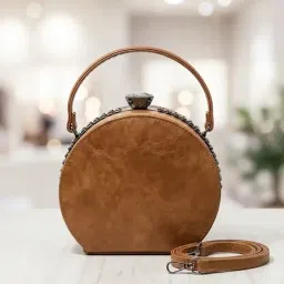 maglin Round Floral Embroidered Handbag, PU Leather Sling Bag, Traditional Casual Shoulder Purse, Tan image 3