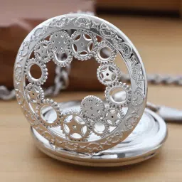 realpoo Gear Hollow Pattern Pocket Watch White Roman Numeral Scale Quartz Pocket Watches for Men with Chain image 5