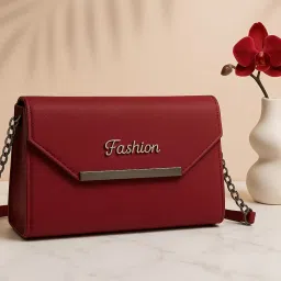 zaaliqa Fashion Red Leather Crossbody Handbag, Elegant Chain Strap Purse with Metal Accent, Envelope Design image 1