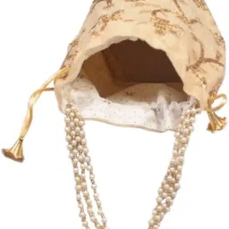 sunvika house Pearl Handle Drawstring Potli Bag with Gold Floral Embroidery, Traditional Evening Purse image 3