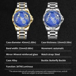 glenaw Automatic Watches for Men- Rotating Earth Dial, Men's Mechanical Watch Luminous Hands, 3ATM Waterproof Steel Strap Wrist Watches image 5