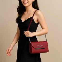 zaaliqa Fashion Red Leather Crossbody Handbag, Elegant Chain Strap Purse with Metal Accent, Envelope Design image 3