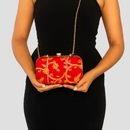 Stylish Embroidered Clutch Purse for Party & Wedding | Elegant Fabric Handbag with Chain Strap Clour Champange image 1