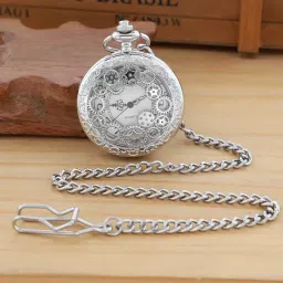 realpoo Gear Hollow Pattern Pocket Watch White Roman Numeral Scale Quartz Pocket Watches for Men with Chain image 4