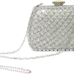 jasuniq Elegant Evening Clutch Purse with Crystal Rhinestone Trim, Silver Chain Strap, Formal Party Handbag image 3