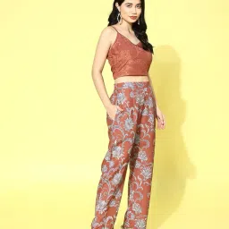 varanga Women Rust Floral Printed Crop Top Paired With Blazer And Bottom image 1