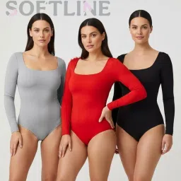 sightbomb SKIMS SOFTLINE Square Neck Fullsleeve SEAMLESS Bodysuit, DOUBLE LAYERED CUDDLE BABY Tummy Shapewear, SNAP Button Closure, Microfiber Swimsuit Bodysuit for Women image 4