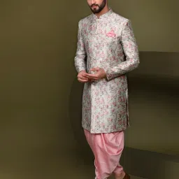 kisah Men's Ethnic Wear Silk Blend Woven Design Regular Fit Multi-Pink Indo-Western Sherwani Set Indo-Western image 2