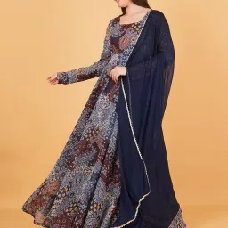 magnetism Designer Anarkali Dress with Dupatta, Navy Blue Paisley Print, Full Length Gown with Long Sleeves image 4