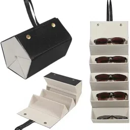 dorvian enterprise 5-Slot Sunglasses Organizer Box – Leather Portable Sunglass Holder with Hanging Strap & Button Closure, Specs Case for Travel, Women & Men (Multicolor) image 2