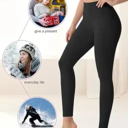 me stores Women's Skinny Fit Mid Rise Soft Touch Ultimate Warm Fleece Leggings, Thermal Winter Tights, Dual-Tone, Free Size, Waist Size 26 to 34 Inch Stretchable image 3