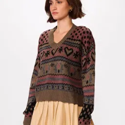 the souled store Auburn Women and Girls Long Sleeves Round Neck Multicolor All Over Printed Acrylic Oversized Sweaters image 2