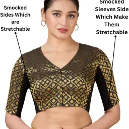 studio shringaar Women's Black Brocade Side Stretchable (Smocked) Readymade Saree Blouse image 1
