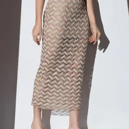 globus Women Chevron Pattern Crochet Mid Rise Side Slit Beach Pencil Midi Skirt image 3