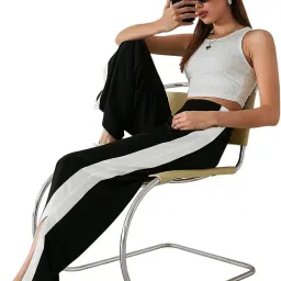 zimist Women's Wide Leg Track Pants with Side Stripe, Black and White, Elastic Waist image 2