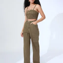 showoffff Women's Khaki Top and Jeans Co-Ords Set with Over Jacket-IM-11614-15-13_Khaki image 3