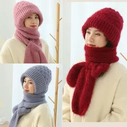 kevim Integrated Ear Protection Windproof Cap Scarf, Winter Warm Knitted Hat Scarf Multi Colors image 1